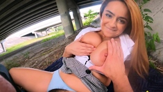 Busty girl stuck on the side of the road