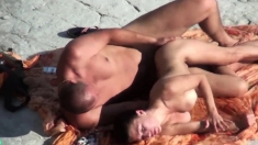 Voyeur on public beach. Sex with girl with silicone Boobs